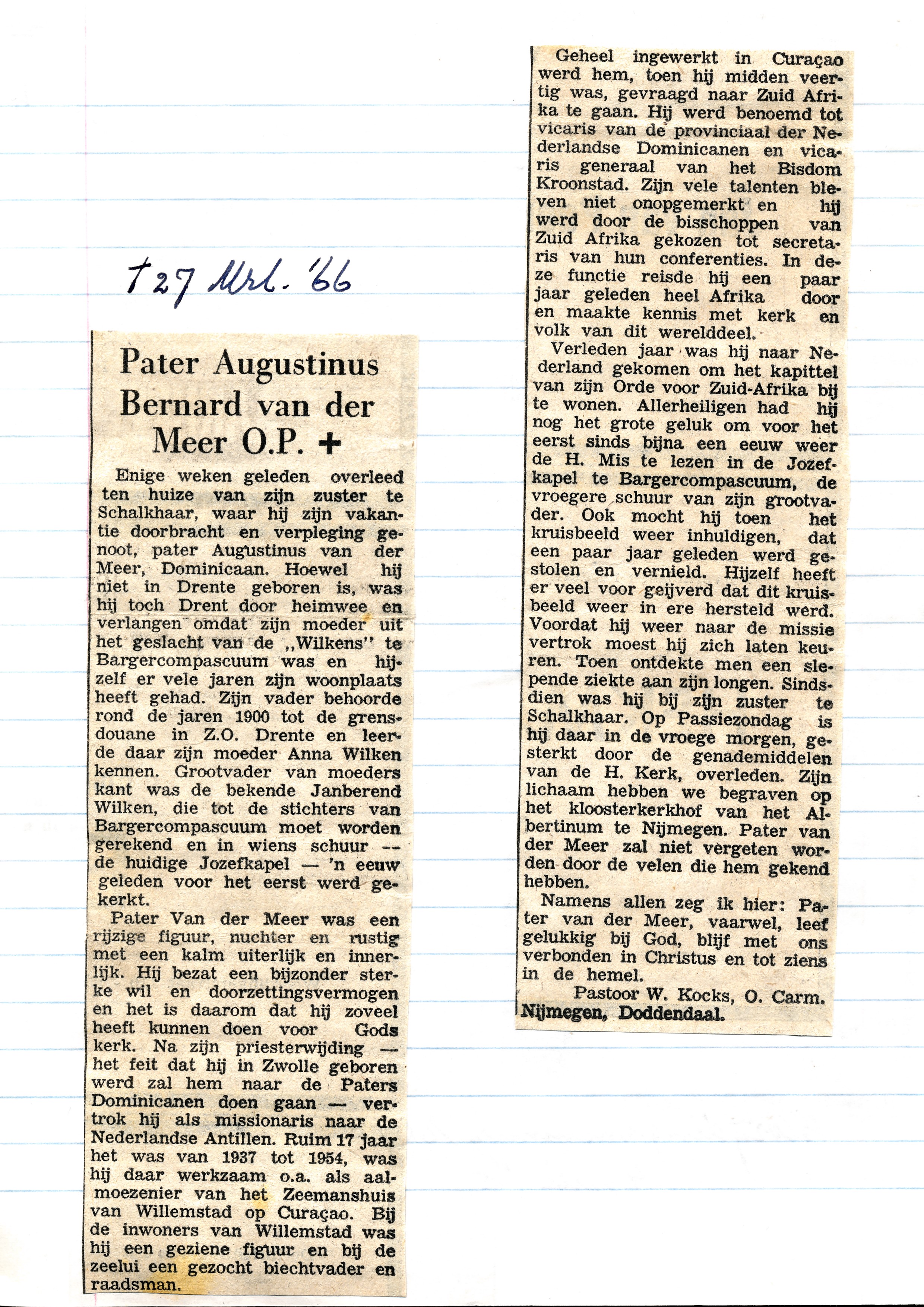 pater augustinus bernard van der meer OP +27-03-1966 door pastoor willehad kocks OC